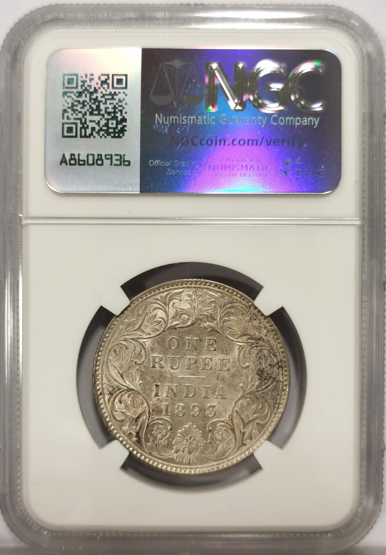 博洋堂世界钱币拍卖第136期（全场包邮） NGC MS61 英属印度1893年B版维多利亚1卢比银币，少见年份，状态低评