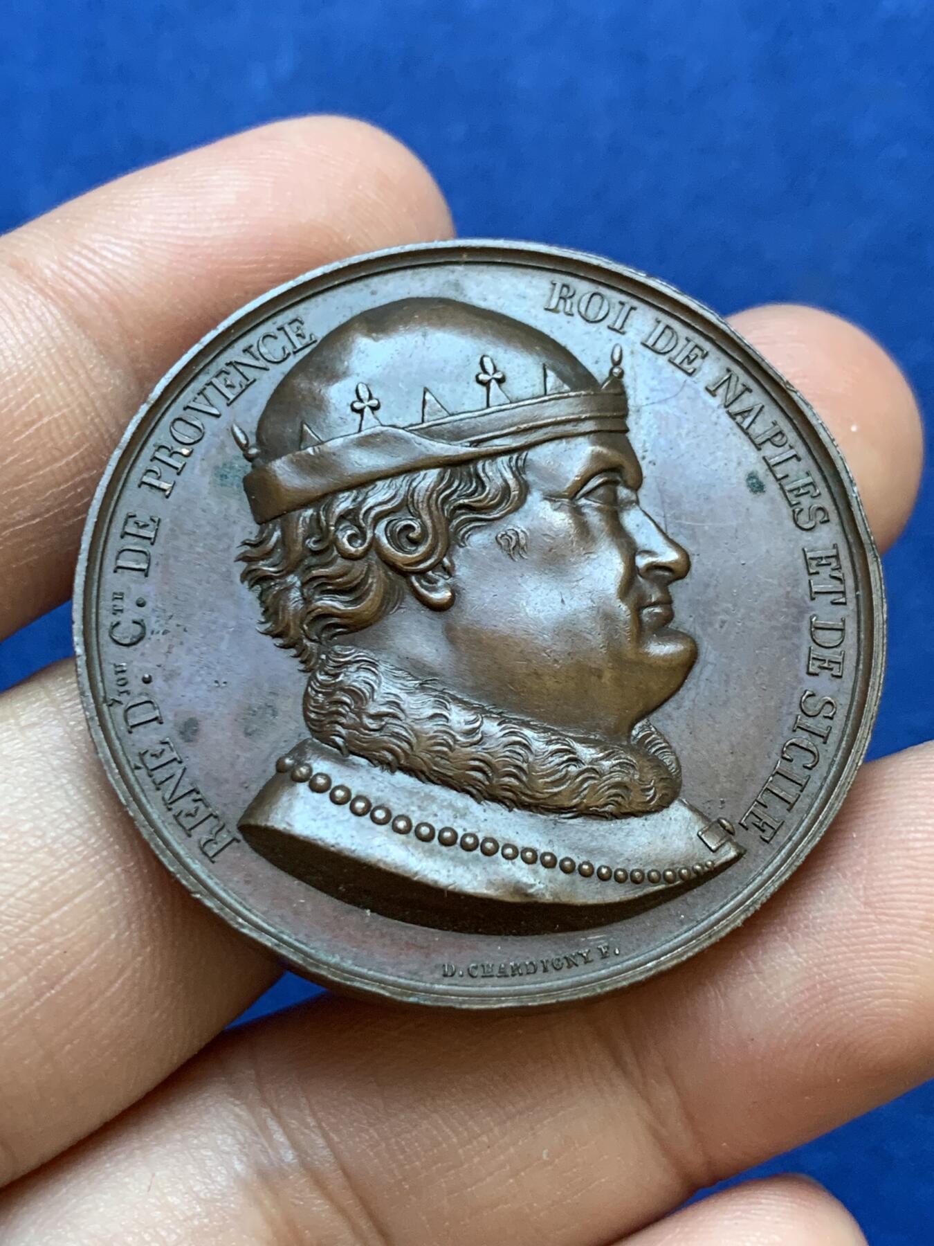 《竞宝斋》第413场 周日，周一，周二，3场连拍 （全场包邮） 法国那不勒斯和西西里国王安茹·勒内铜章，37.2g，41.2mm，1841年以前无边铭，有轻磕，高浮雕