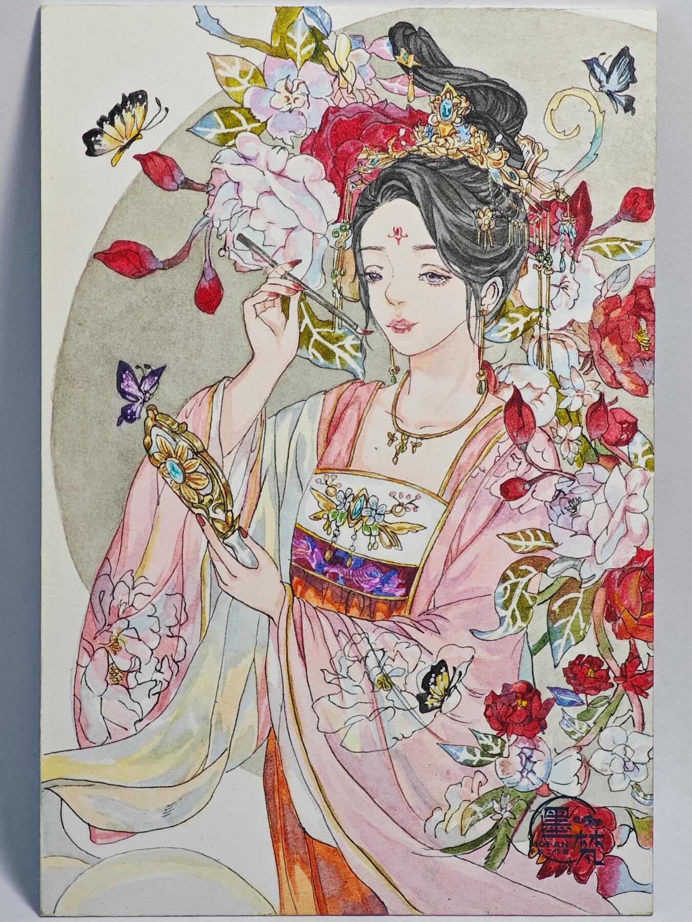 白泽拍卖卡牌手绘专场第23期（中庭淡月照三更，白露洗空河汉明） 2025 墨梵手绘卡 簪花映蝶  小丸子亲签