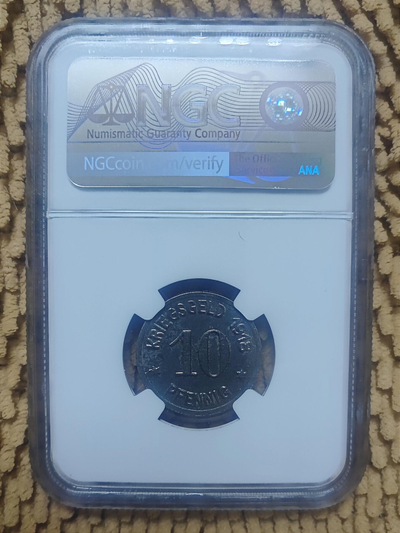 08月28日 🌏全球币章 珍稀品：1918年 德国 内海姆 紧急状态币 10芬尼 铁币 NGC-MS64