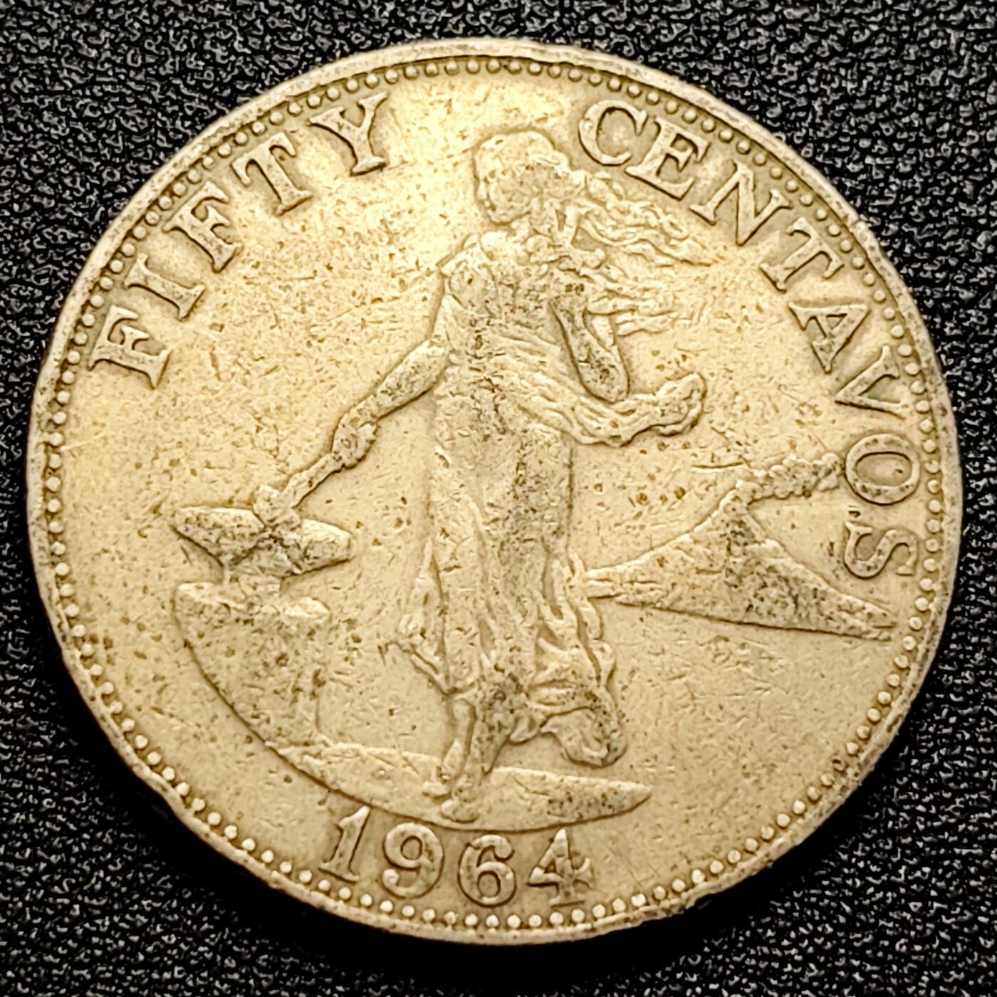 泉币菌-第100场-百场纪念 精品场 少见大币 菲律宾50分1964年 直径30mm 火山打铁女神 独立后首版