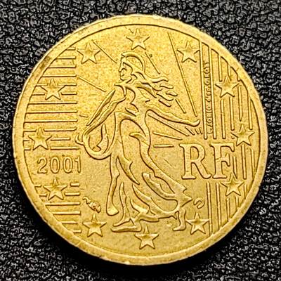 泉币菌-第100场-百场纪念 精品场 - 欧元 法国2001年10欧分铜币 玛丽安娜 欧盟地图 19.75MM