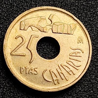 泉币菌-第100场-百场纪念 精品场 - 原铜光极美 西班牙 1994年 25比塞塔黄铜纪念币 加那利群岛 19.5mm 卡洛斯一世