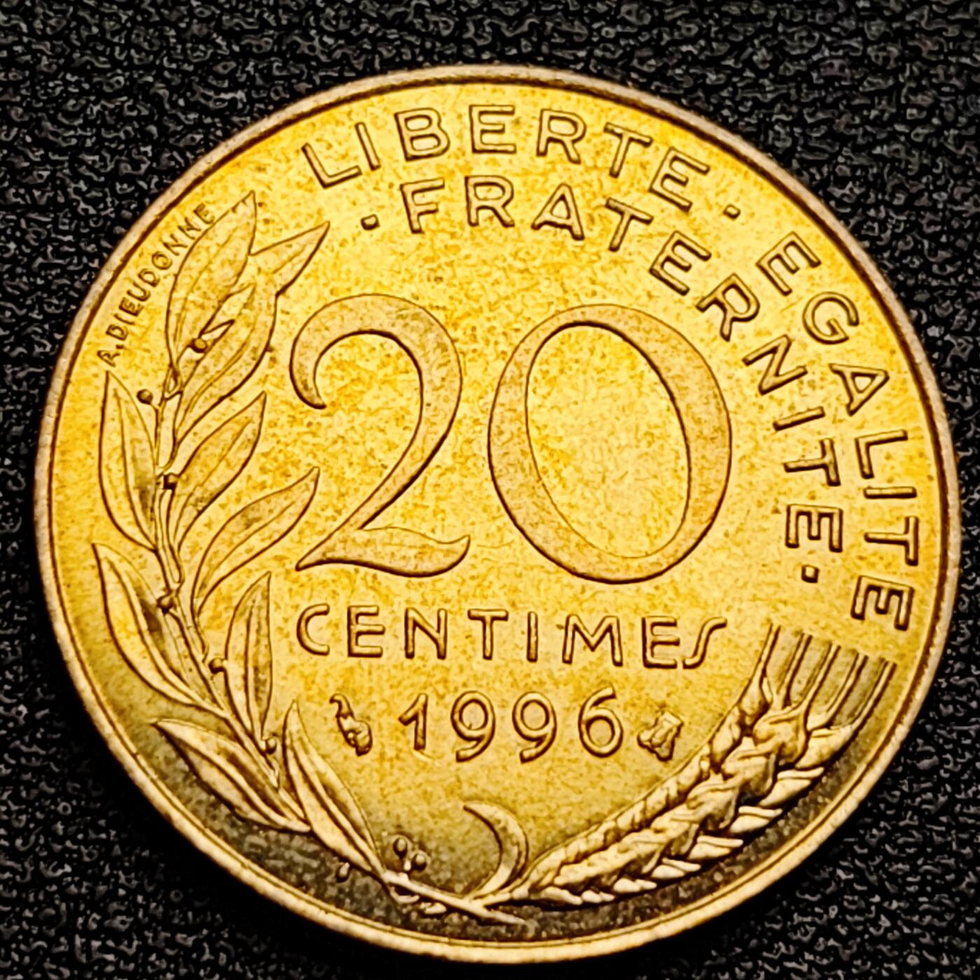 泉币菌-第100场-百场纪念 精品场 原铜光极美品 法国1996年20生丁铜币 玛丽安娜 入欧前末版 绝版