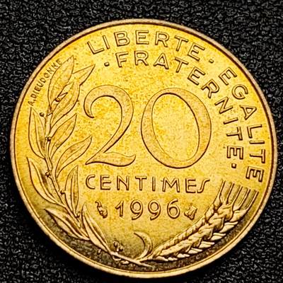 泉币菌-第100场-百场纪念 精品场 - 原铜光极美品 法国1996年20生丁铜币 玛丽安娜 入欧前末版 绝版