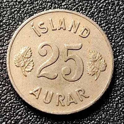 泉币菌-第100场-百场纪念 精品场 - 少见早期 1951年 冰岛 25欧拉硬币 17mm 十字盾徽 