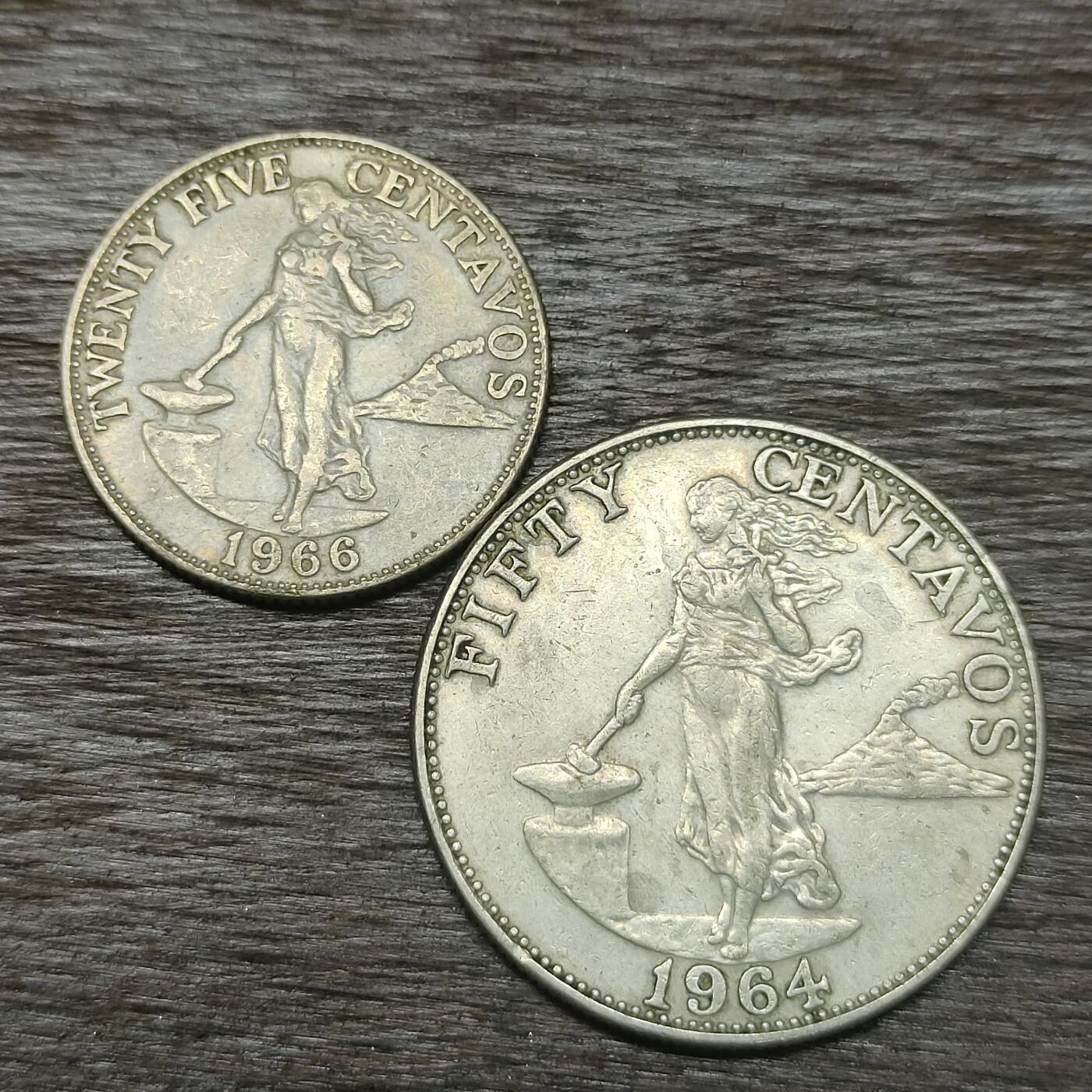 【铜匠收藏】★第131场★散币场，无佣金，30包邮。不满30元，支付5元运费。《接受代拍 代送NGC评级》 菲律宾 1966年25分 1964年50分 共两枚