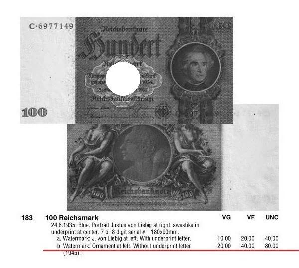 德国第三帝国1935年化学家李比希100马克无字母花纹水印 爽品