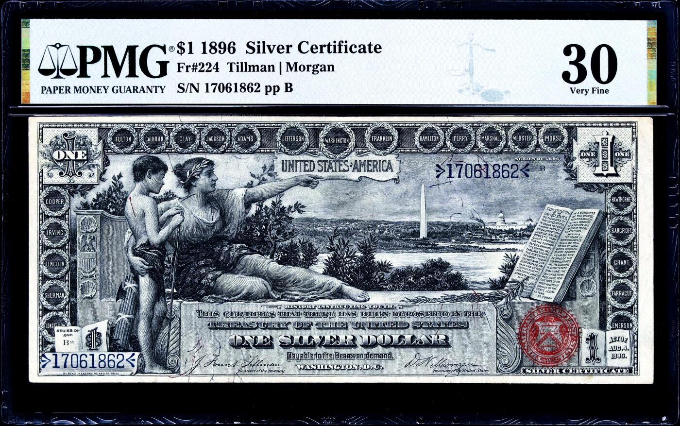 【Blue Auction】世界纸币精拍第716期——18级TOP拍卖/信誉/品质/专业/高效💫  美国 1896年1美金 经典教育券 备受收藏家青睐 在鲍尔斯和桑德曼的著作《TOP100最伟大的美国纸币》中排名第7 正面是《历史教育青年》的大幅装饰图案 （在正面背景中可以看到华盛顿特区，华盛顿纪念碑、铸印局和美国国会大厦在背景中清晰可见）背面是华盛顿和第一夫人雕刻人像及纹饰 非常漂亮 PMG30 大票幅 性价比极高的一张 