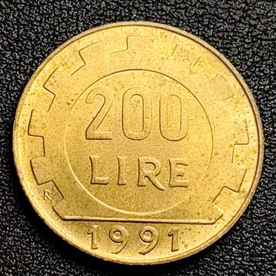 泉币菌-第100场-百场纪念 精品场 - 原铜光极美品 意大利1991年200里拉 丰收女神 齿轮 铝青铜币 外国硬币 24mm 