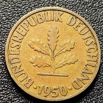 泉币菌-第100场-百场纪念 精品场 -  联邦德国1950年 10芬尼硬币 橡树麦穗  银行版 21.5mm