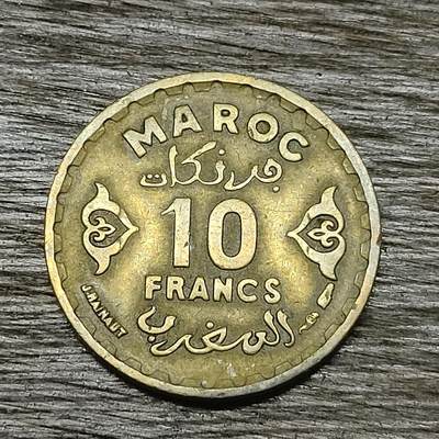 【铜匠收藏】★第131场★散币场，无佣金，30包邮。不满30元，支付5元运费。《接受代拍 代送NGC评级》 - 法属摩洛哥 1952年（西历1371年） 10法郎 铝铜币