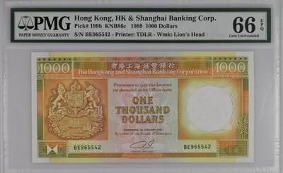【礼羽收藏】🌏世界钱币拍卖第102期 - 香港汇丰银行1989年大黄鱼1000港币 PMG66 经典耐看 英国殖民时期的徽标见证了殖民统治时期的香港历史 Hong Kong, HK & Shanghai Banking Corp., 1000 Dollars KNB86c   1989