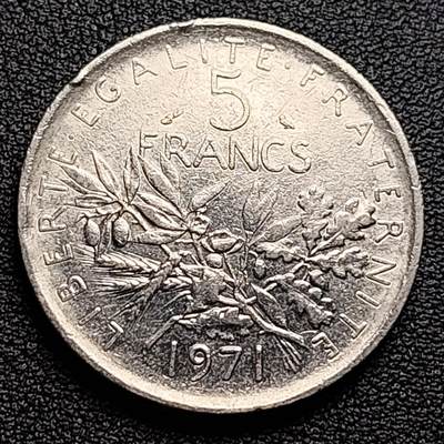 泉币菌-第100场-百场纪念 精品场 - 法国早期（1971年）5法郎大镍币 29MM 播种女神 入欧前末版 绝版币