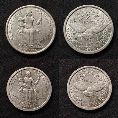 【全场包邮】纯粹捡漏拍474场（免费代拍第11场） - 新喀里多尼亚1971年第二版独立年份版1-2法郎2枚套币（KM8-9）