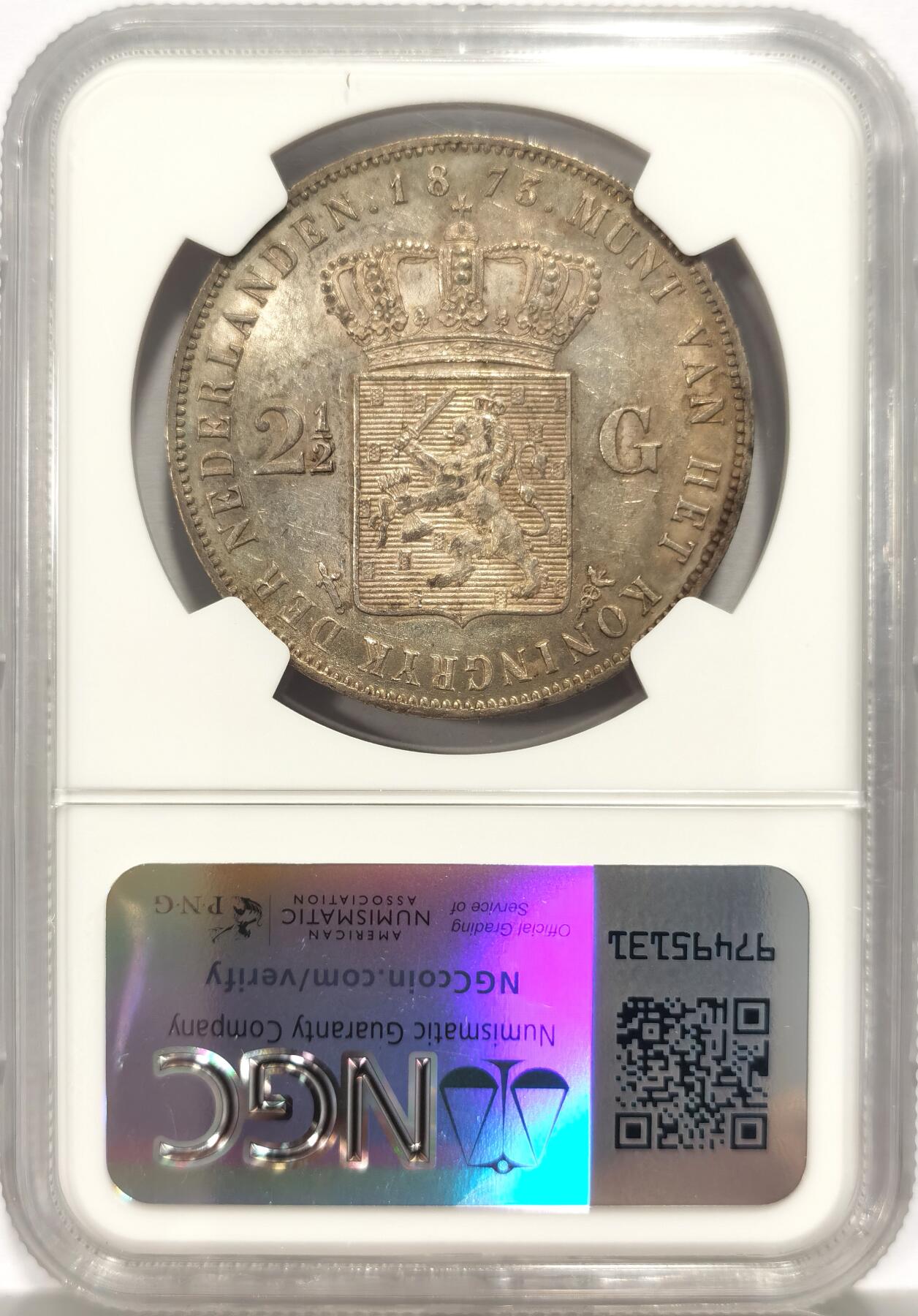 博洋堂世界钱币拍卖第136期（全场包邮） NGC UNC 荷兰1873年威廉三世2.5盾银币 发丝胡子高点清晰 带底光