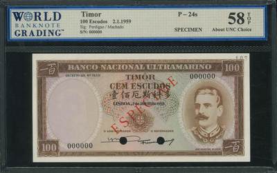悠历世界钱币拍卖 世界钱币拍卖 - Timor, 1959, 100 Escudos, P-24s, S/N. 000000, Specimen, WBG 58.