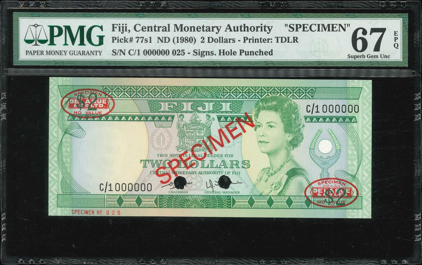 悠历世界钱币拍卖 世界钱币拍卖 Fiji, 1980, 2 Dollars, P-77s1, S/N. C/1 000000 025, Specimen, PMG 67EPQ.
