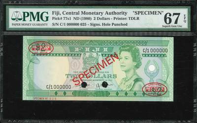 悠历世界钱币拍卖 世界钱币拍卖 - Fiji, 1980, 2 Dollars, P-77s1, S/N. C/1 000000 025, Specimen, PMG 67EPQ.