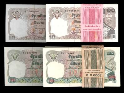 悠历世界钱币拍卖 世界钱币拍卖 - Thailand, 1981/95, 10 Baht/20 Baht, S/N. 6C0666601-700 / 3J2007001-100, UNC. 2 Bundles of 100 consecutive.