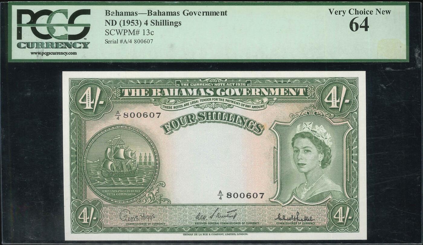 悠历世界钱币拍卖 世界钱币拍卖 Bahamas, 1953, 4 Shillings, P-13C, S/N. A/4 800607, PCGS 64.
