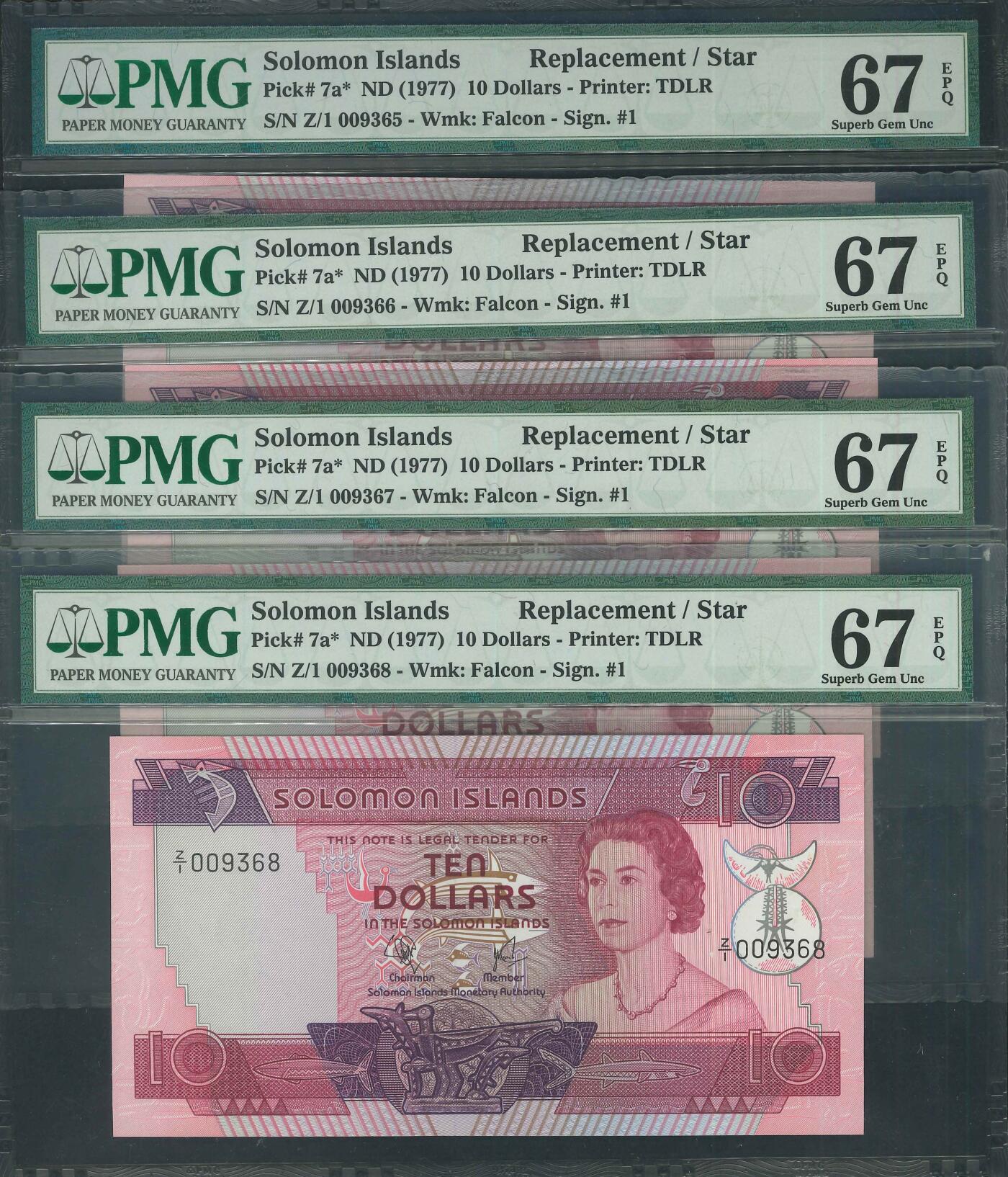 悠历世界钱币拍卖 世界钱币拍卖 Solomon Islands, 1977, 10 Dollars, P-7a*, S/N. Z/1 009365-368, Replacement, PMG 67EPQ. 4 consecutive.