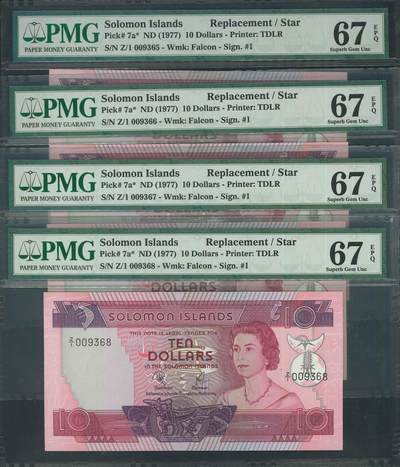 悠历世界钱币拍卖 世界钱币拍卖 - Solomon Islands, 1977, 10 Dollars, P-7a*, S/N. Z/1 009365-368, Replacement, PMG 67EPQ. 4 consecutive.