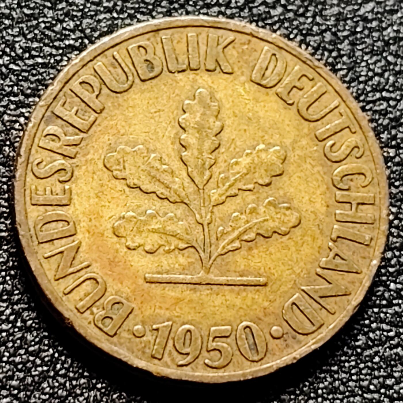 泉币菌-第105场-精品福利场 联邦德国1950年 10芬尼硬币 橡树麦穗  银行版 21.5mm
