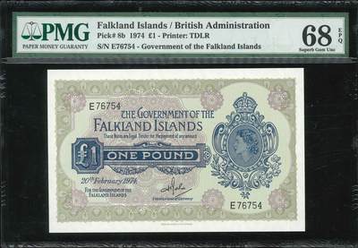 悠历世界钱币拍卖 世界钱币拍卖 - Falkland Islands, 1967, 1 Pound, P-8a, S/N. E76754, PMG 68EPQ.