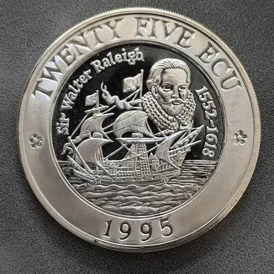 道一币馆币章第一百四十四场 - 英国1995年探险家、香烟推广者沃尔特·罗利爵士25埃居精制银币 证书为网图  23.8g 925S 2500