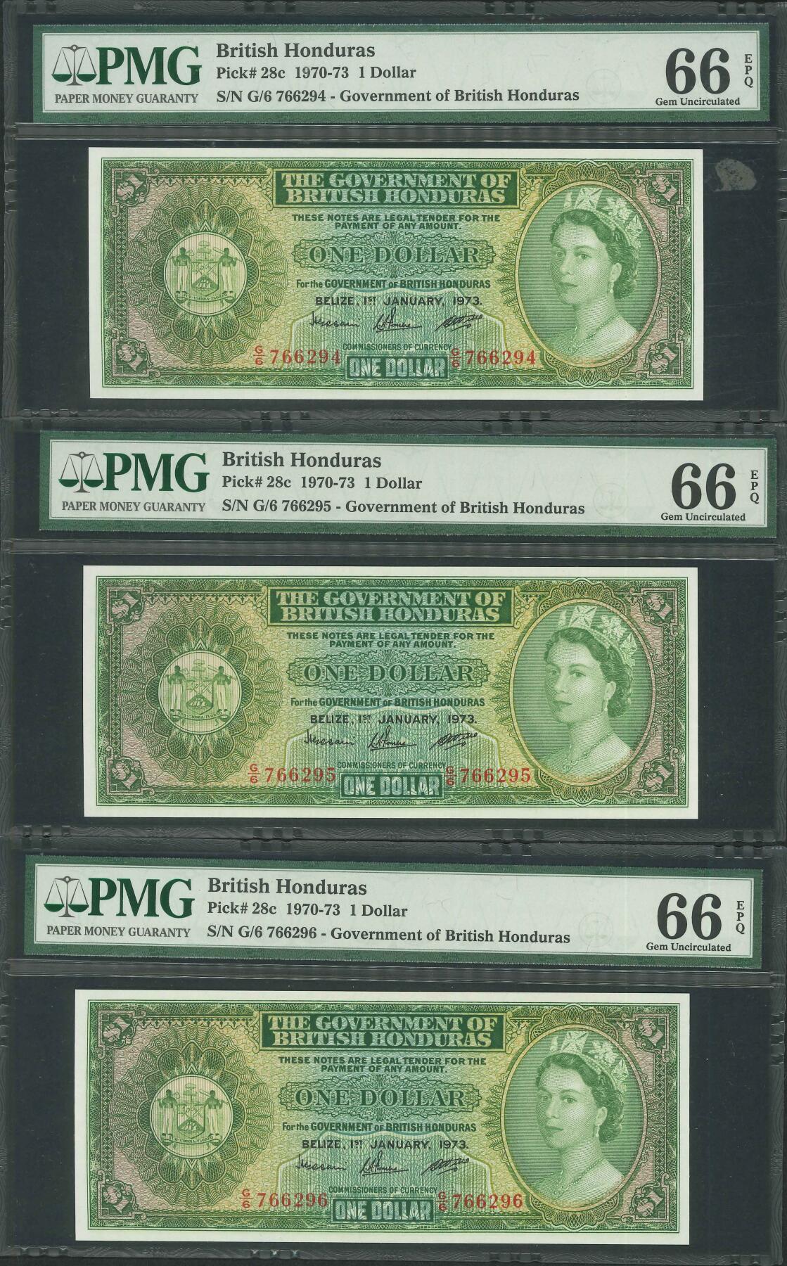 悠历世界钱币拍卖 世界钱币拍卖 British Honduras, 1970-73, 1 Dollar, P-28c, S/N. G/6 766294-296, PMG 66EPQ. 3 consecutive.