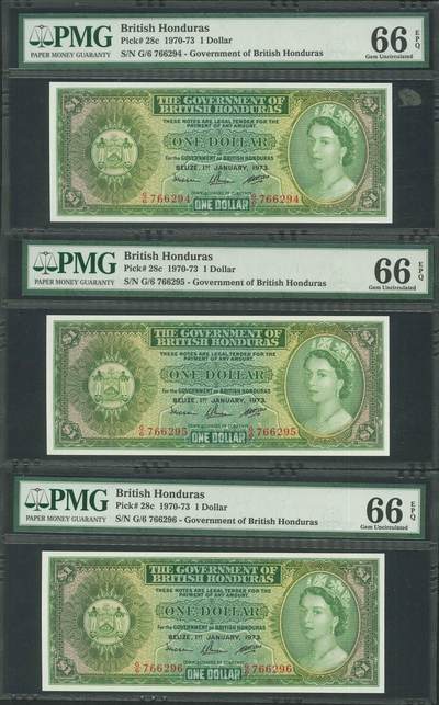 悠历世界钱币拍卖 世界钱币拍卖 - British Honduras, 1970-73, 1 Dollar, P-28c, S/N. G/6 766294-296, PMG 66EPQ. 3 consecutive.