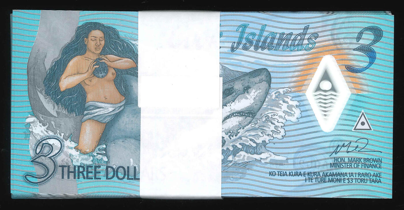 悠历世界钱币拍卖 世界钱币拍卖 Cook Islands, 2021, 3 Dollars, P-11a, S/N. AA002001-100, First Prefix, UNC. Bundle of 100 consecutive.