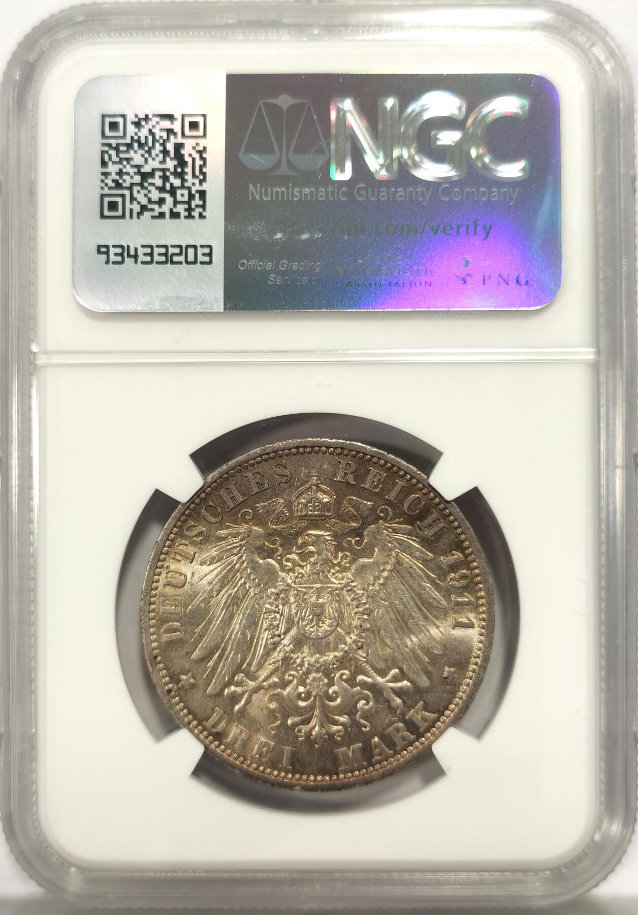 博洋堂世界钱币拍卖第136期（全场包邮） NGC AU58 德国普鲁士1911年威廉二世3马克银币