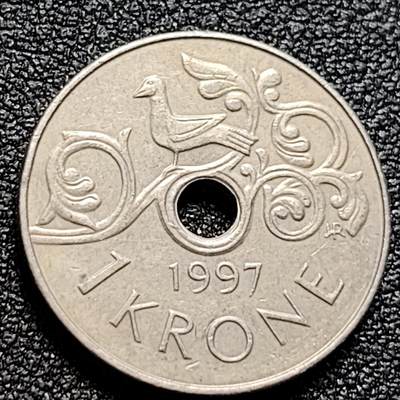 泉币菌-第105场-精品福利场 - 挪威1997年 1克朗硬币 哈拉尔五世皇冠 中孔铜镍币 21mm