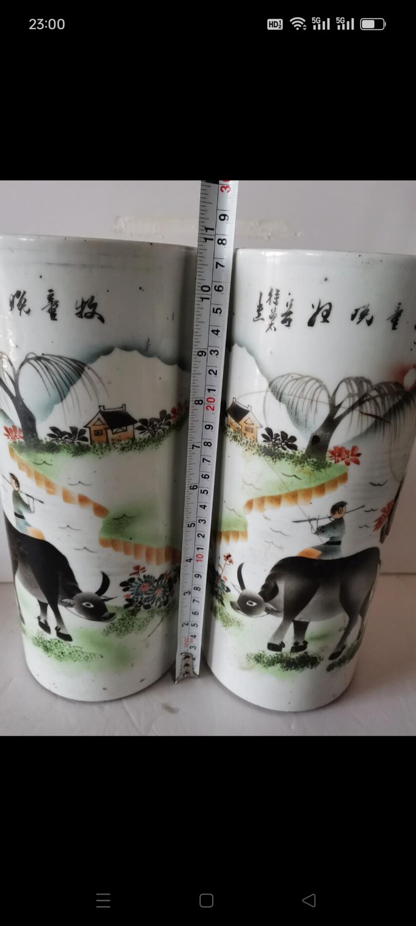 民国时期牧童晚归图帽筒1对。江西名家徐昌太出品。都有冲线，不少肉。如图包老