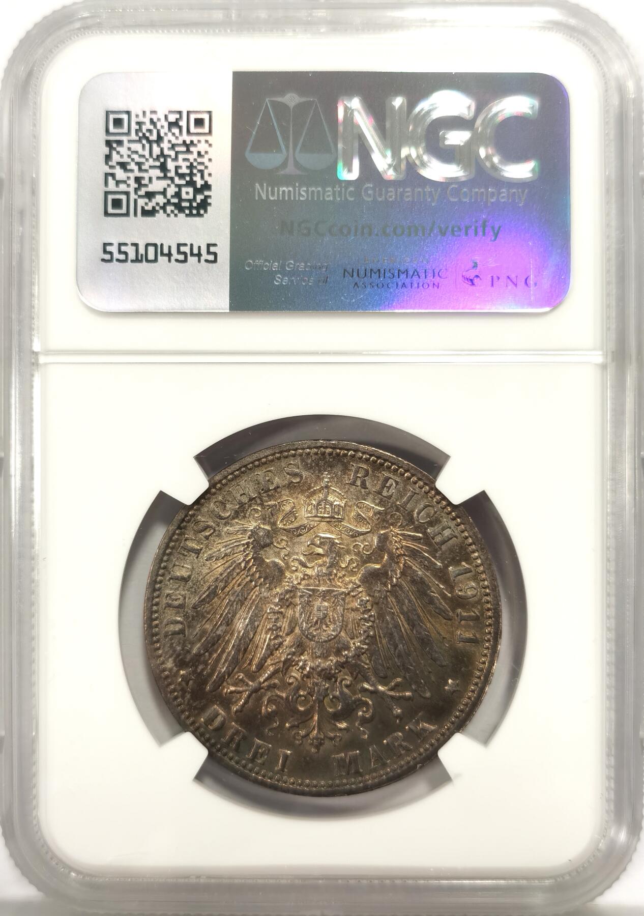 博洋堂世界钱币拍卖第136期（全场包邮） NGC MS62 德国巴伐利亚1911年柳特波德3马克银币 原盒五彩