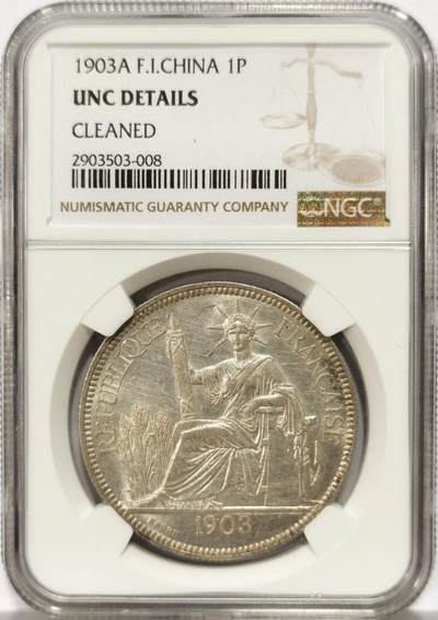 博洋堂世界钱币拍卖第136期（全场包邮） - NGC UNCD 法属印支1903A坐洋 脸部完美 衣服褶皱不错 强烈转光