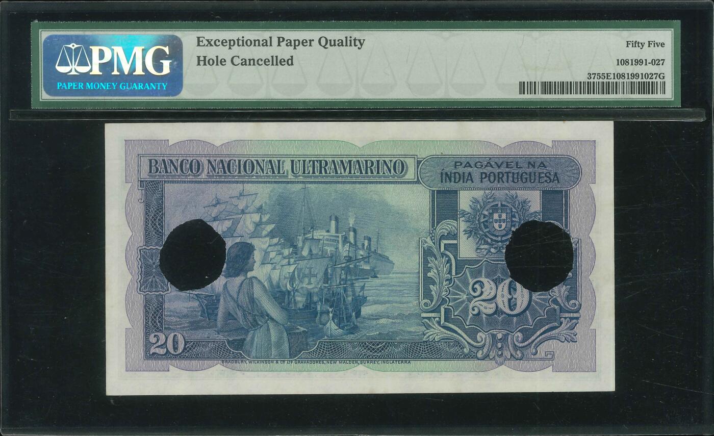 悠历世界钱币拍卖 世界钱币拍卖 Portuguese India, 1945, 20 Rupias, P-37, S/N. 142927, PMG 55EPQ comment as hole cancelled.