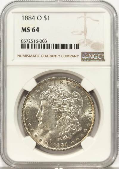 博洋堂世界钱币拍卖第136期（全场包邮） - NGC MS64 美国1884年O版摩根，币面淡淡金色环彩，丝绸光