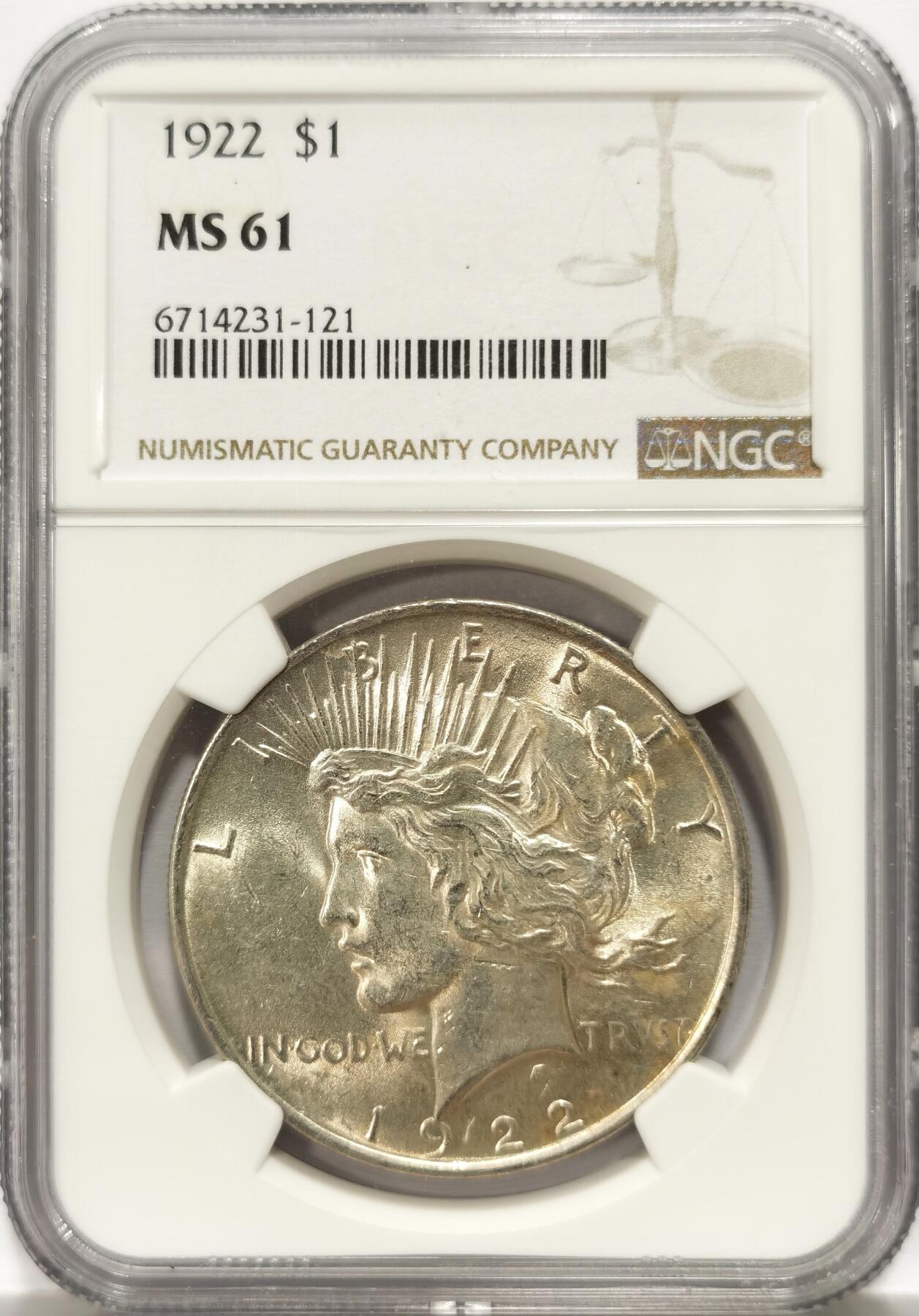博洋堂世界钱币拍卖第136期（全场包邮） NGC MS61 美国1922年和平女神1美元银币，浅包浆状态很舒服