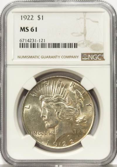 博洋堂世界钱币拍卖第136期（全场包邮） - NGC MS61 美国1922年和平女神1美元银币，浅包浆状态很舒服