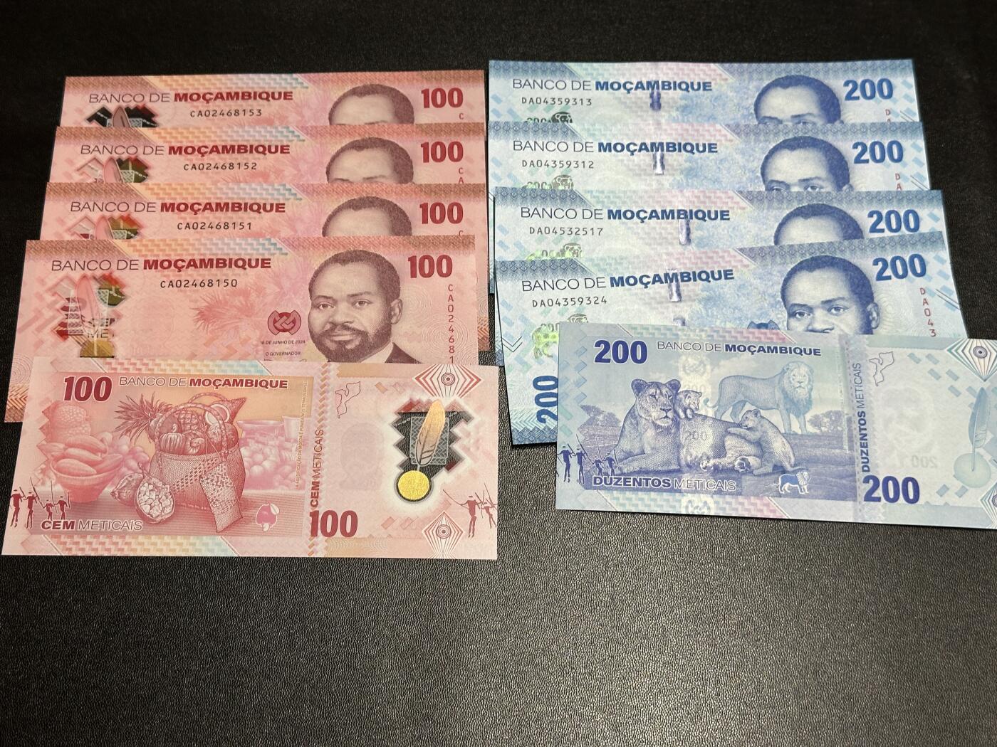 《外钞收藏家》第五百六十一期（精选优质、热门评级币）（本平台长期征集拍品、欢迎藏友们联系合作） 2024年莫桑比克100和200面额 5对 10张一起 全新UNC