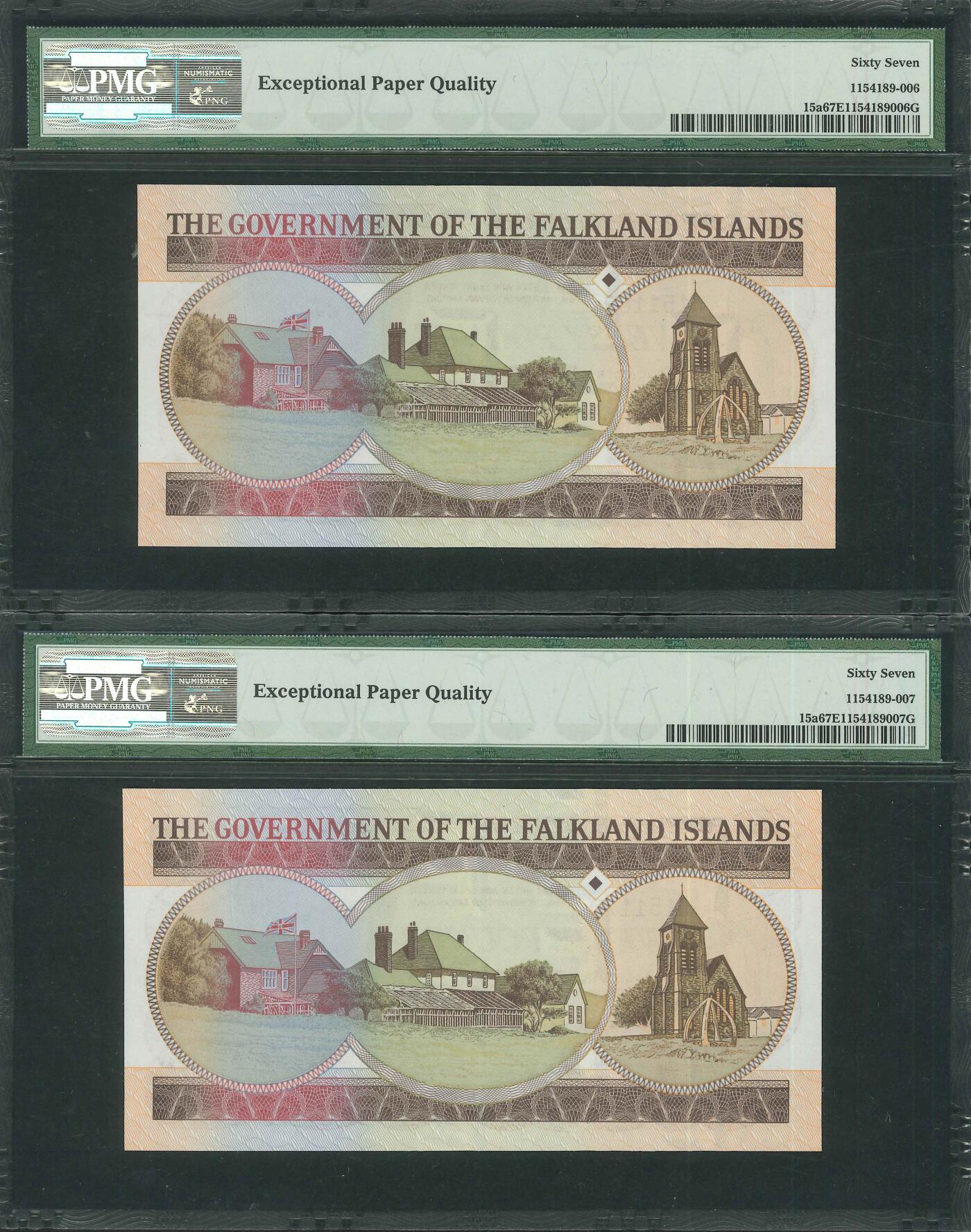 悠历世界钱币拍卖 世界钱币拍卖 Falkland Islands, 1984, 20 Pounds, P-15a, S/N. A151169-170, PMG 67EPQ. 2 consecutive.