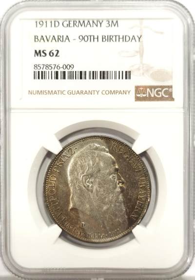 博洋堂世界钱币拍卖第136期（全场包邮） - NGC MS62 德国巴伐利亚1911年柳特波德3马克银币 原盒五彩