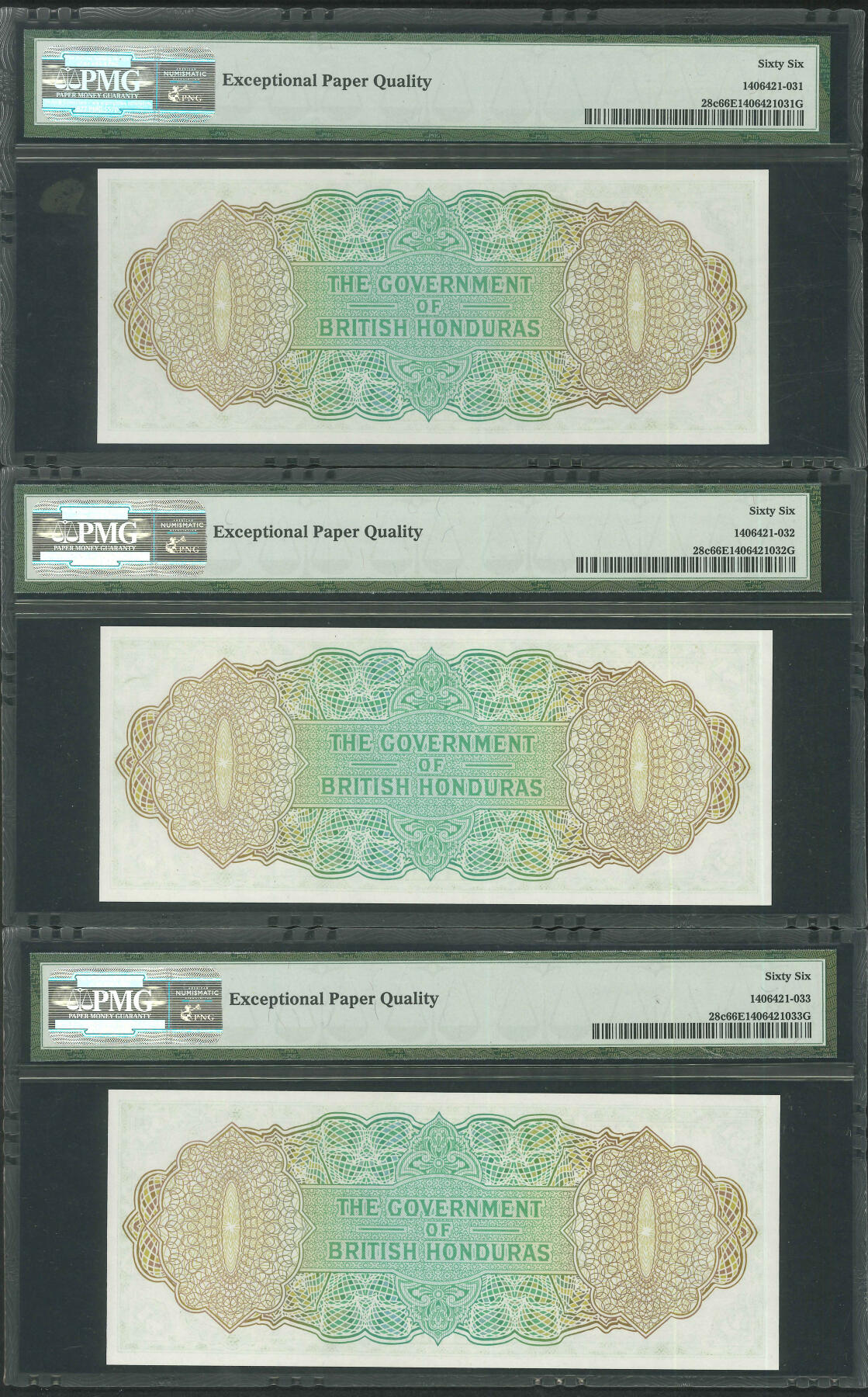 悠历世界钱币拍卖 世界钱币拍卖 British Honduras, 1970-73, 1 Dollar, P-28c, S/N. G/6 766294-296, PMG 66EPQ. 3 consecutive.