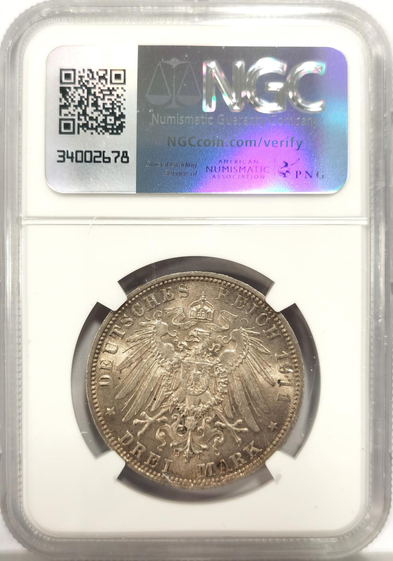 博洋堂世界钱币拍卖第136期（全场包邮） NGC MS64 德国巴伐利亚1911年柳特波德3马克银币