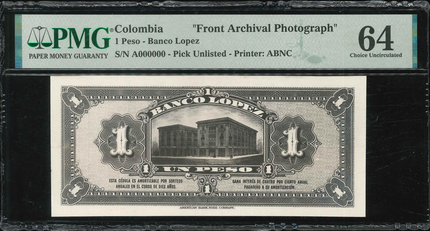 悠历世界钱币拍卖 世界钱币拍卖 Columbia, 1 Peso, S/N. A000000, Front Archival Photograph, PMG 64.