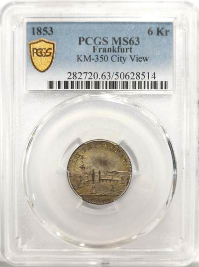 博洋堂世界钱币拍卖第136期（全场包邮） - PCGS MS63 德国法兰克福1853年城市景观6克鲁泽银币