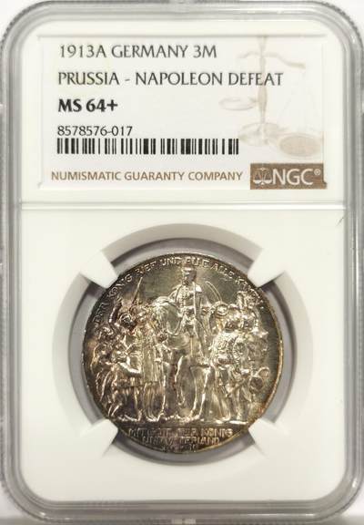 博洋堂世界钱币拍卖第136期（全场包邮） - NGC MS64+ 德国普鲁士1913年战胜拿破仑纪念3马克银币 原光带彩